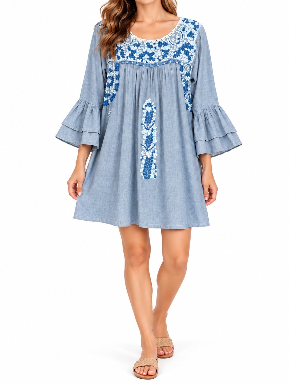 Mi Golondrina Flores Long Sleeve Embroidered Dress Boho Preppy Womens S